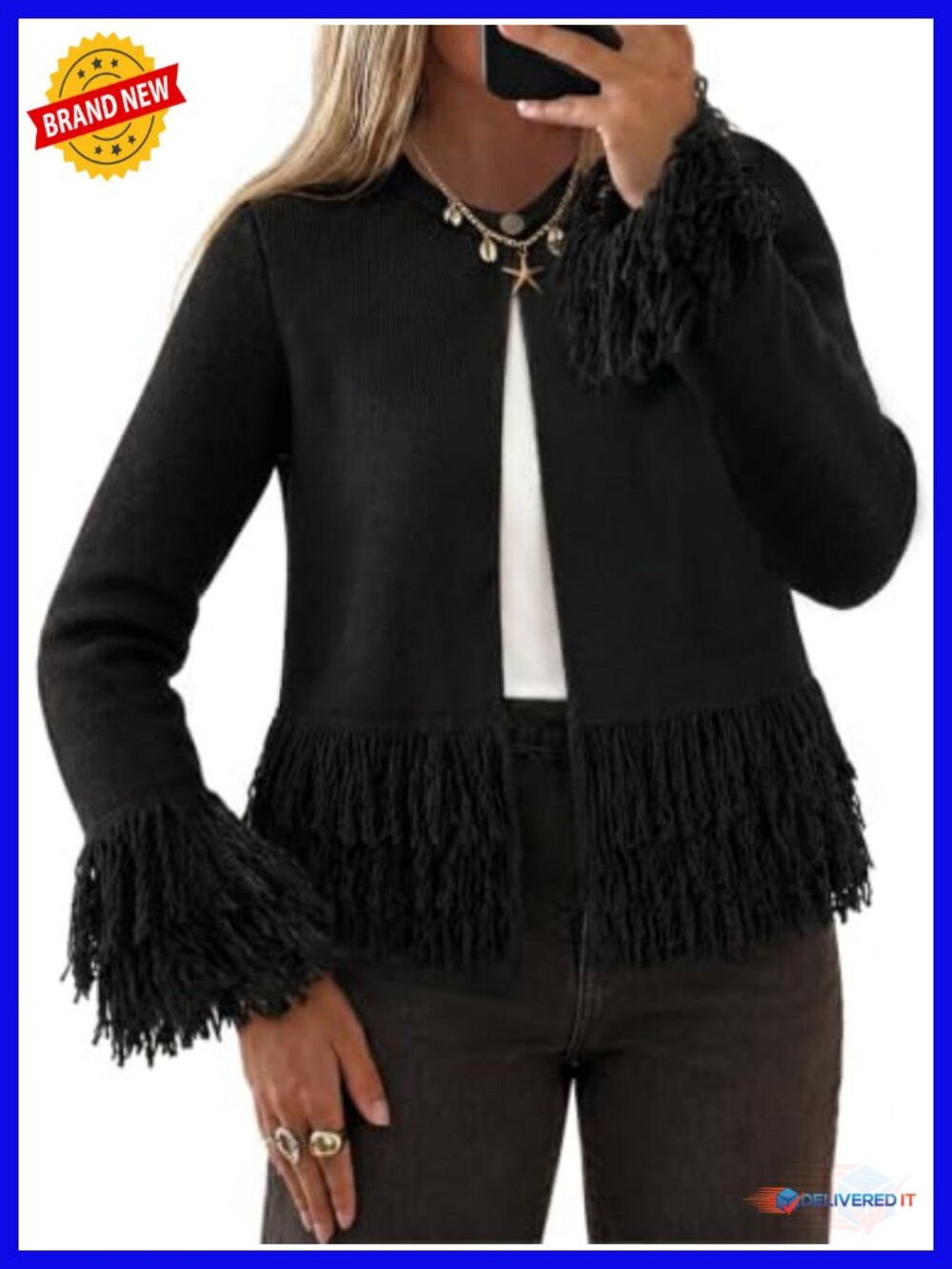 Fringe Crochet Cardigan Women Crew Neck Button Down Boho Sweater